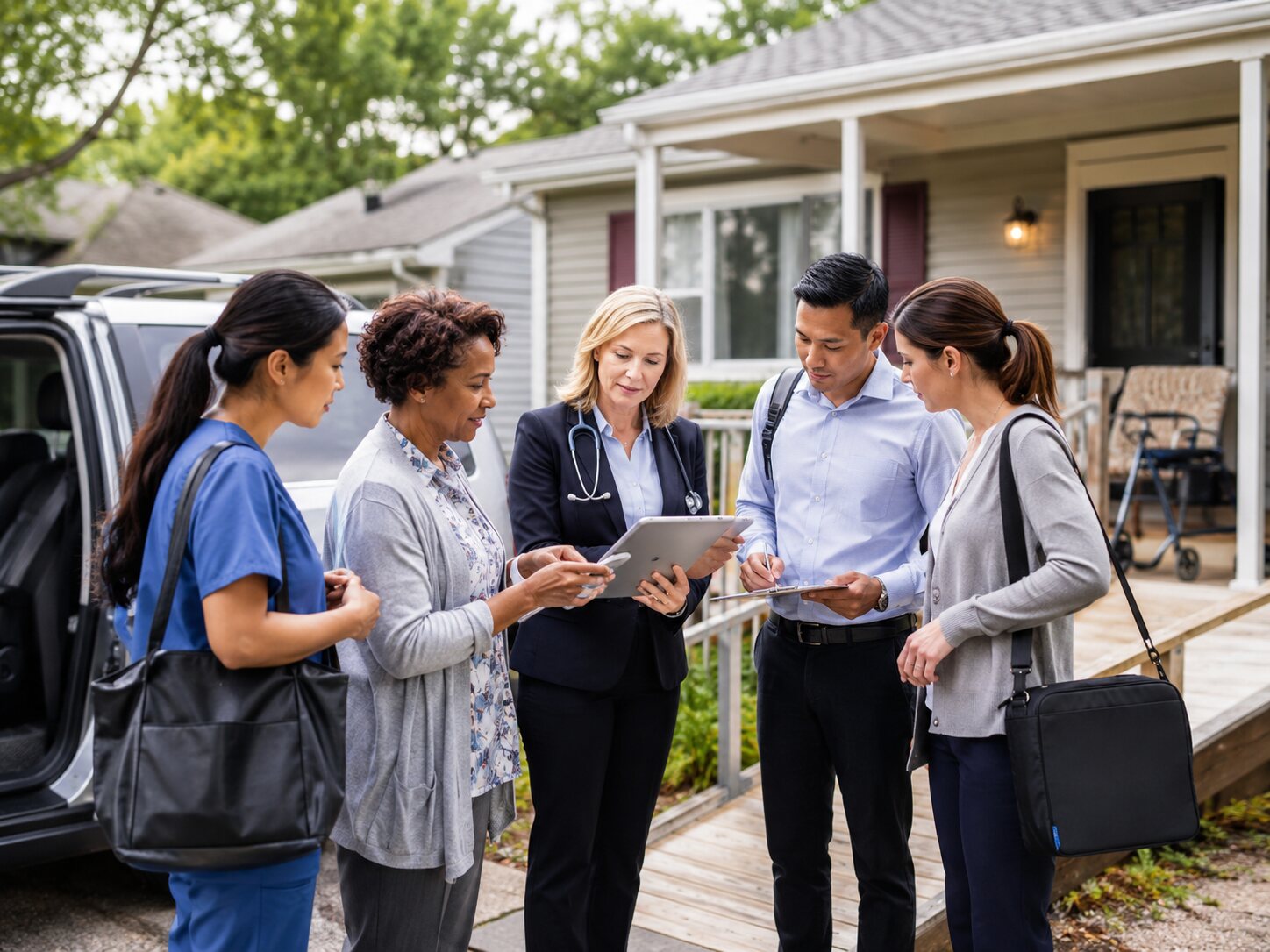 A home-based clinical team meeting with a patient outside a home