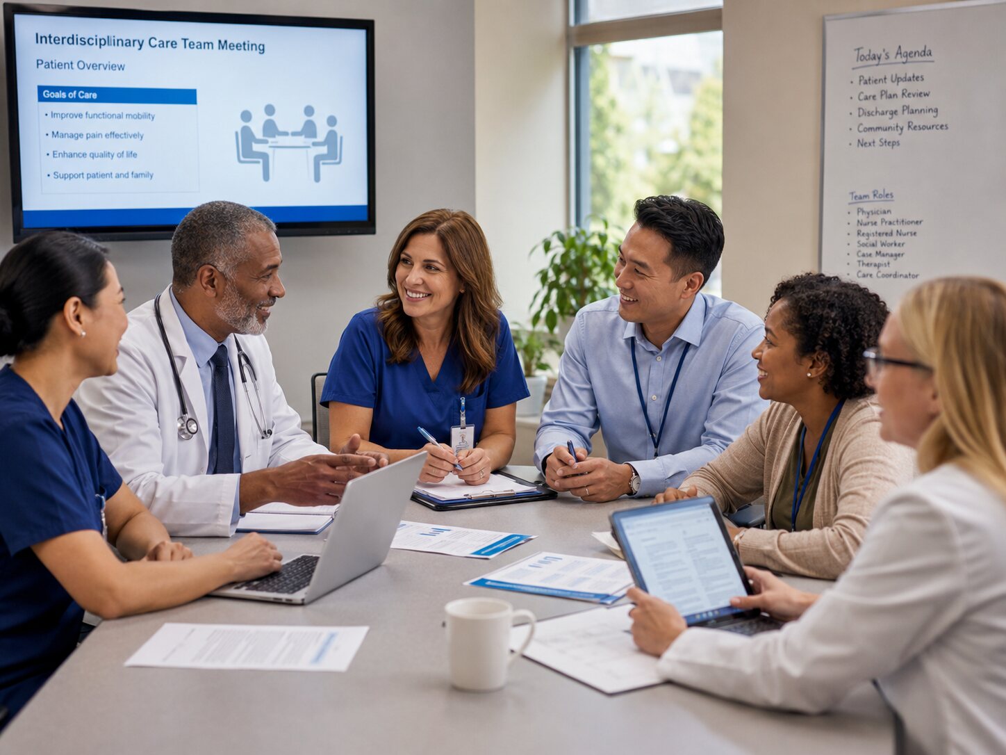 An interdisciplinary care team meeting around a table