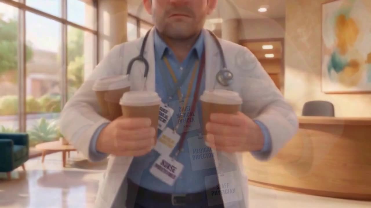 Dr. Doug juggling three coffees and three badges, from the MedCentric commercial